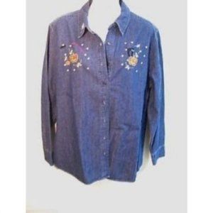 HALLOWEEN COSTUME Shirt Blue Jean Top Womens  Size 10 Denim Black Cat Rhinestone